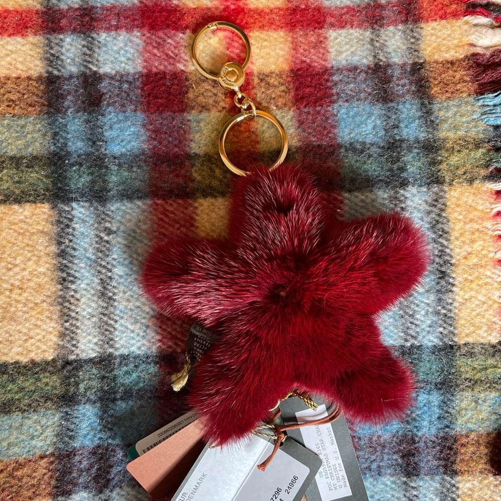 Loro Piana Red Christmas Star Leather Fur Charm Keychain Accessory